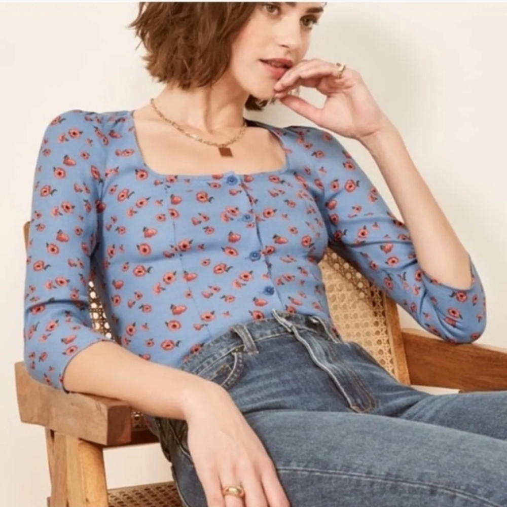 Reformation Square Neck Floral Jorja Blouse Med